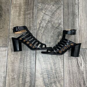 Vionic black Sami block leather ankle strap caged 3.5” block sturdy heels